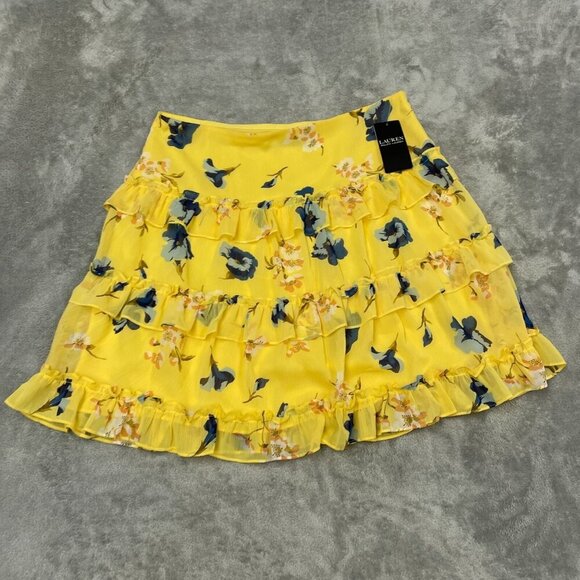 Lauren Ralph Lauren Floral Yellow Tiered Ruffle Skirt Size 8 Womens NWT 6148 - Picture 1 of 8